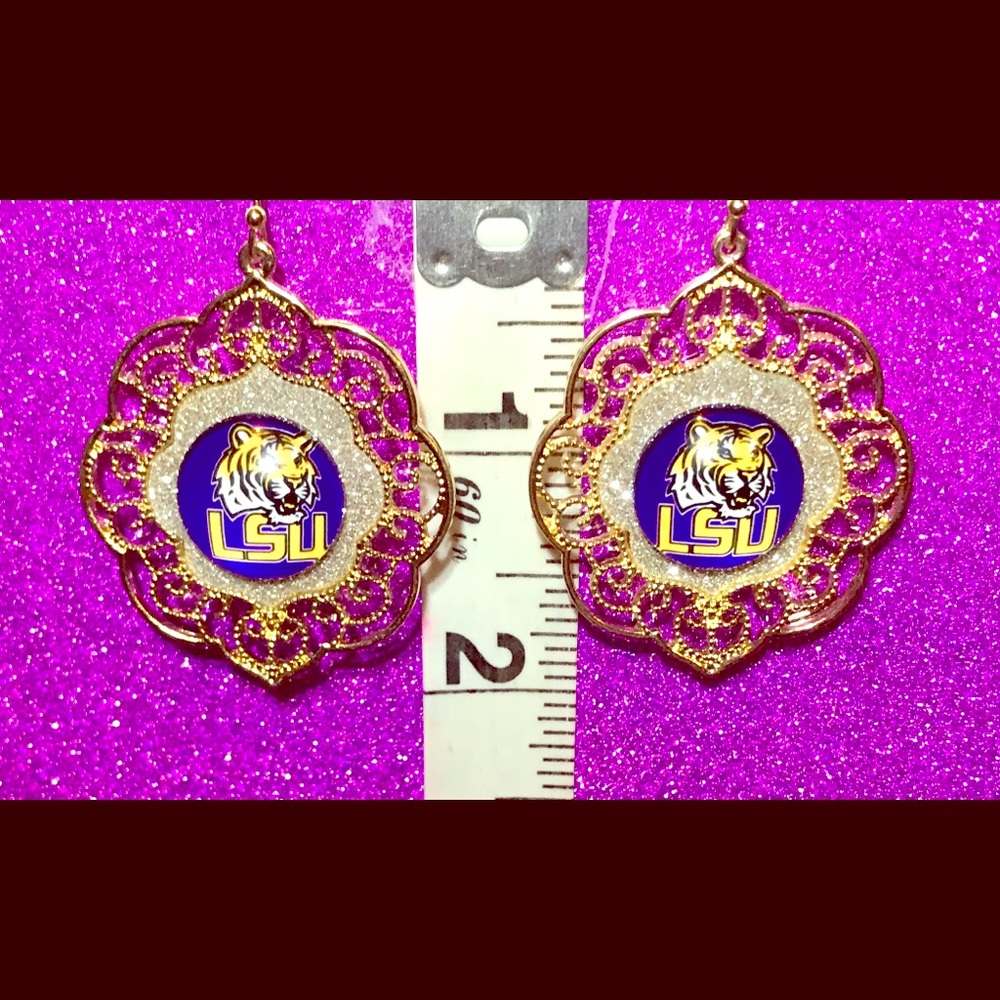 Gold Filigree Metal Glitter LSU Tigers Earrings